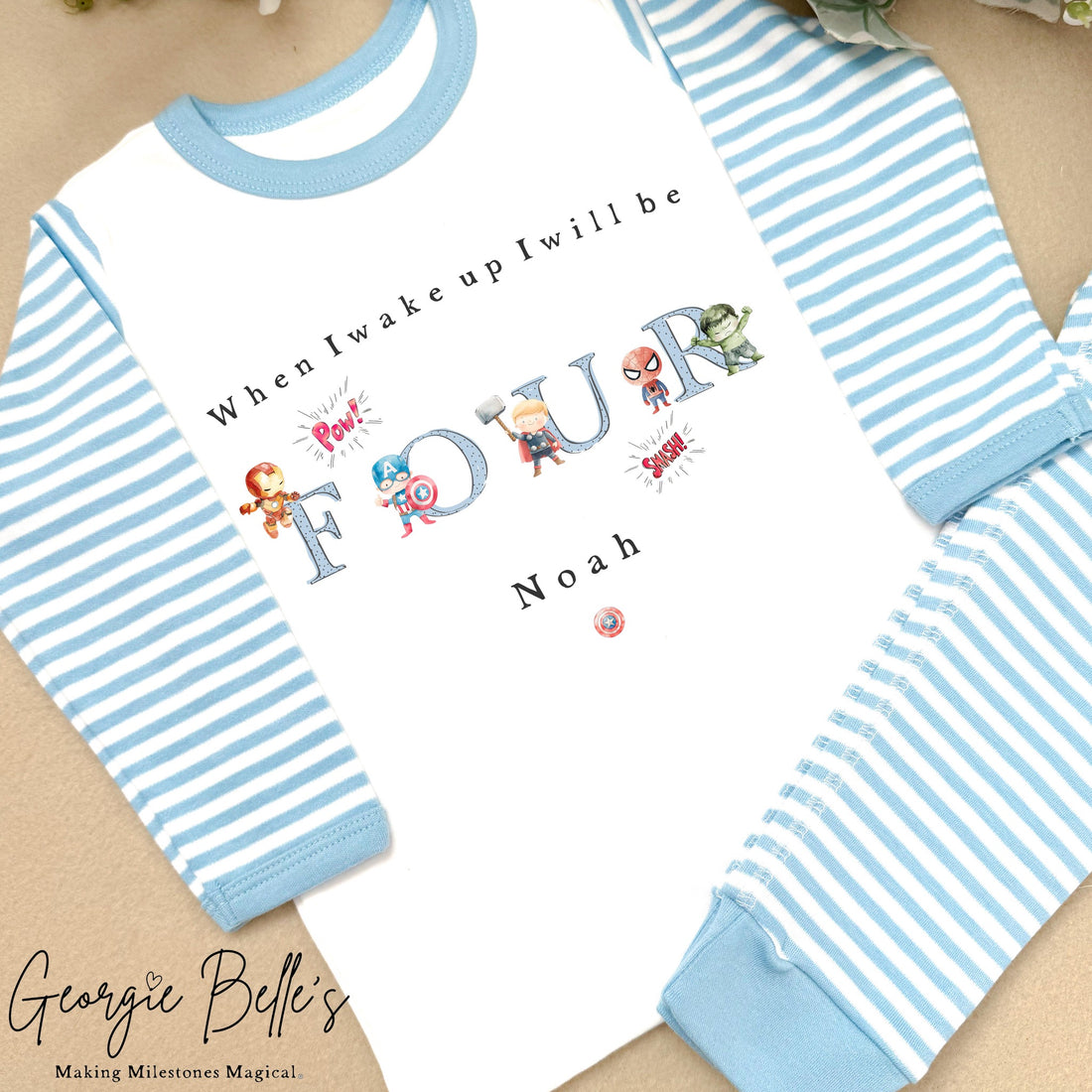 Personalised Blue Stripe Birthday Pyjamas - Blue Superhero Word Number Design