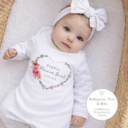 Personalised Flower Girl Babygrow / Short Sleeve Vest - Floral Heart Wreath Design