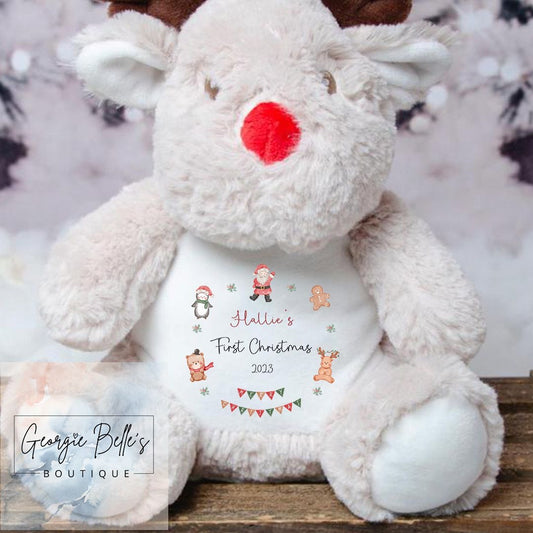 Christmas Reindeer Personalised Soft Toy - ‘My 1st Christmas Wreath’