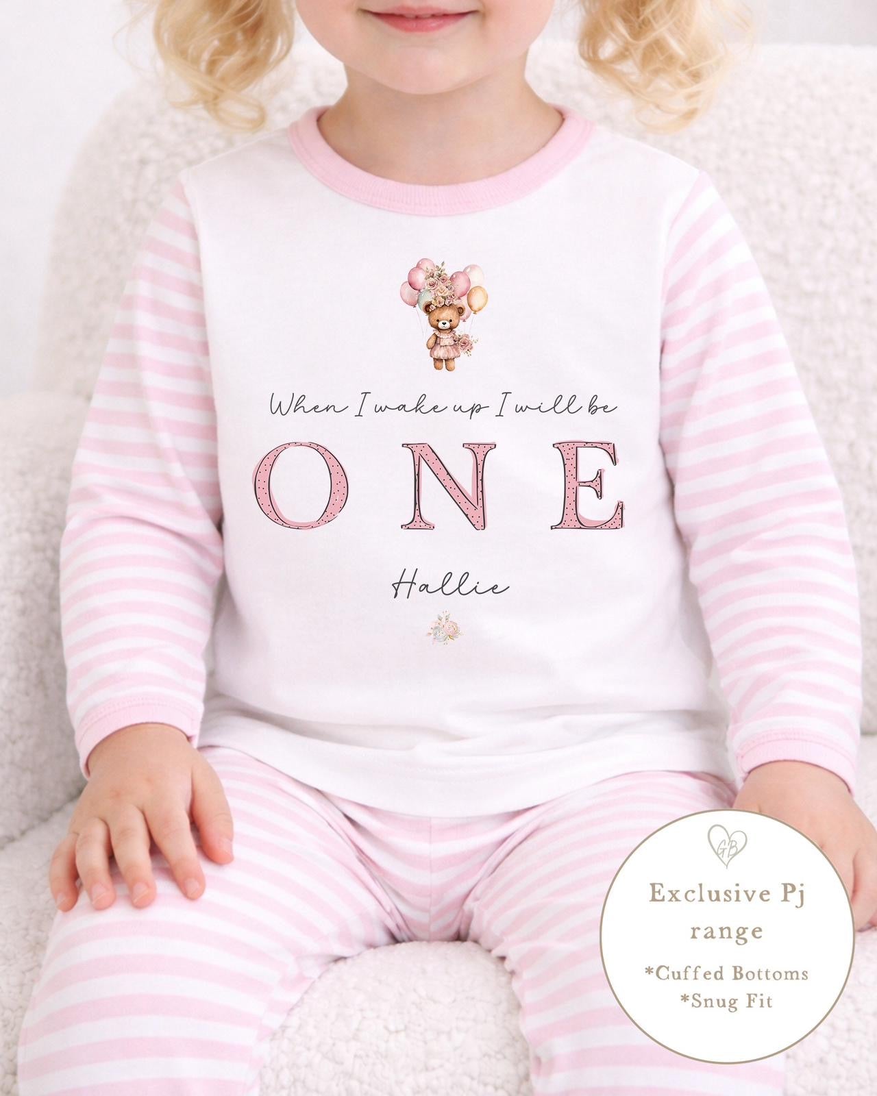 Personalised Pink Stripe Birthday Pyjamas - Floating Bear Design