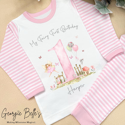 Personalised Pink Stripe Birthday Pyjamas - Pink Fairy First Design