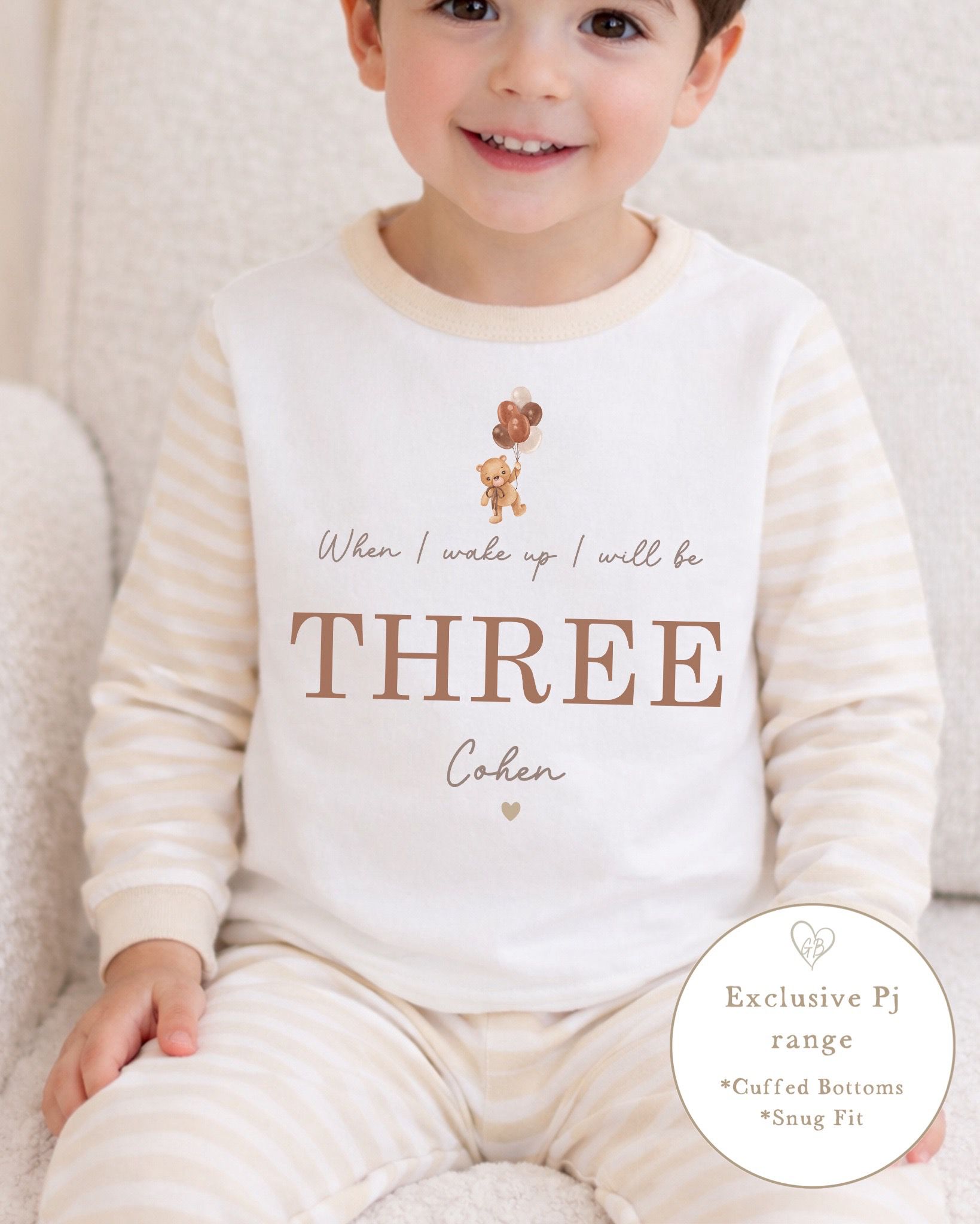 Personalised Beige Stripe Birthday Pyjamas - Floating Bear Design