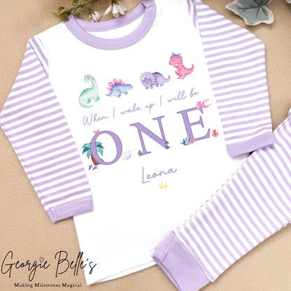 Personalised Lilac Stripe Birthday Pyjamas - Lilac Dinosaur Word Design