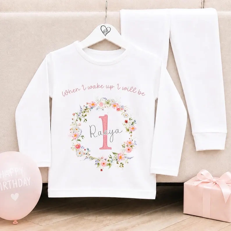 Personalised Plain White Birthday Pyjamas - Wildflower Wreath Design