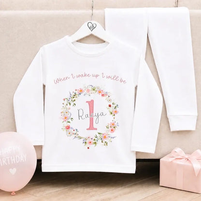 Personalised Plain White Birthday Pyjamas - Wildflower Wreath Design