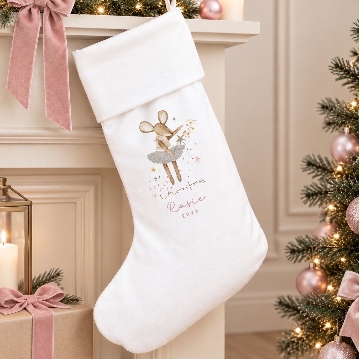 Personalised White First Christmas Stocking | Pink Mouse Design