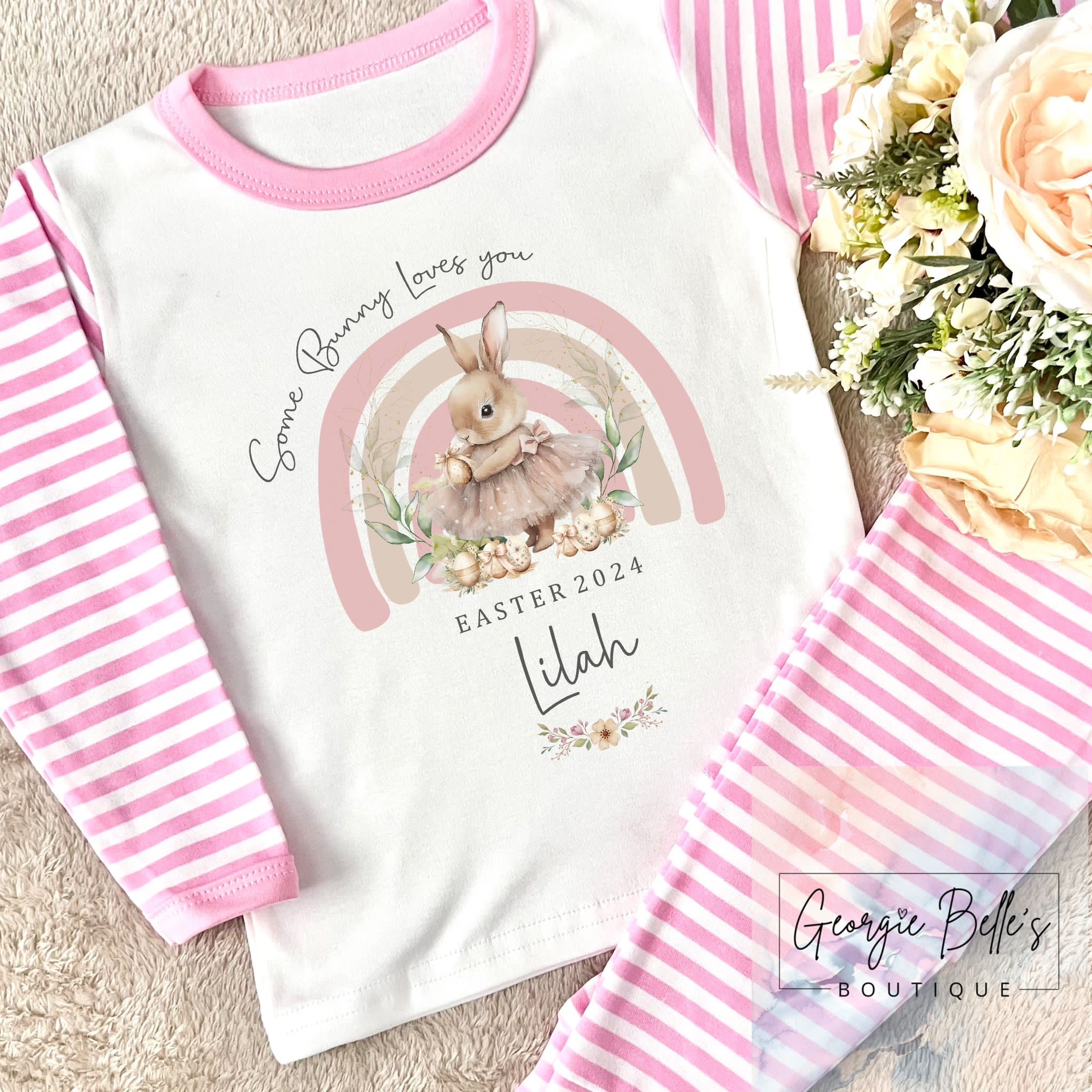 Personalised Easter Sibling Matching Pyjamas - Some Bunny Rainbow Design