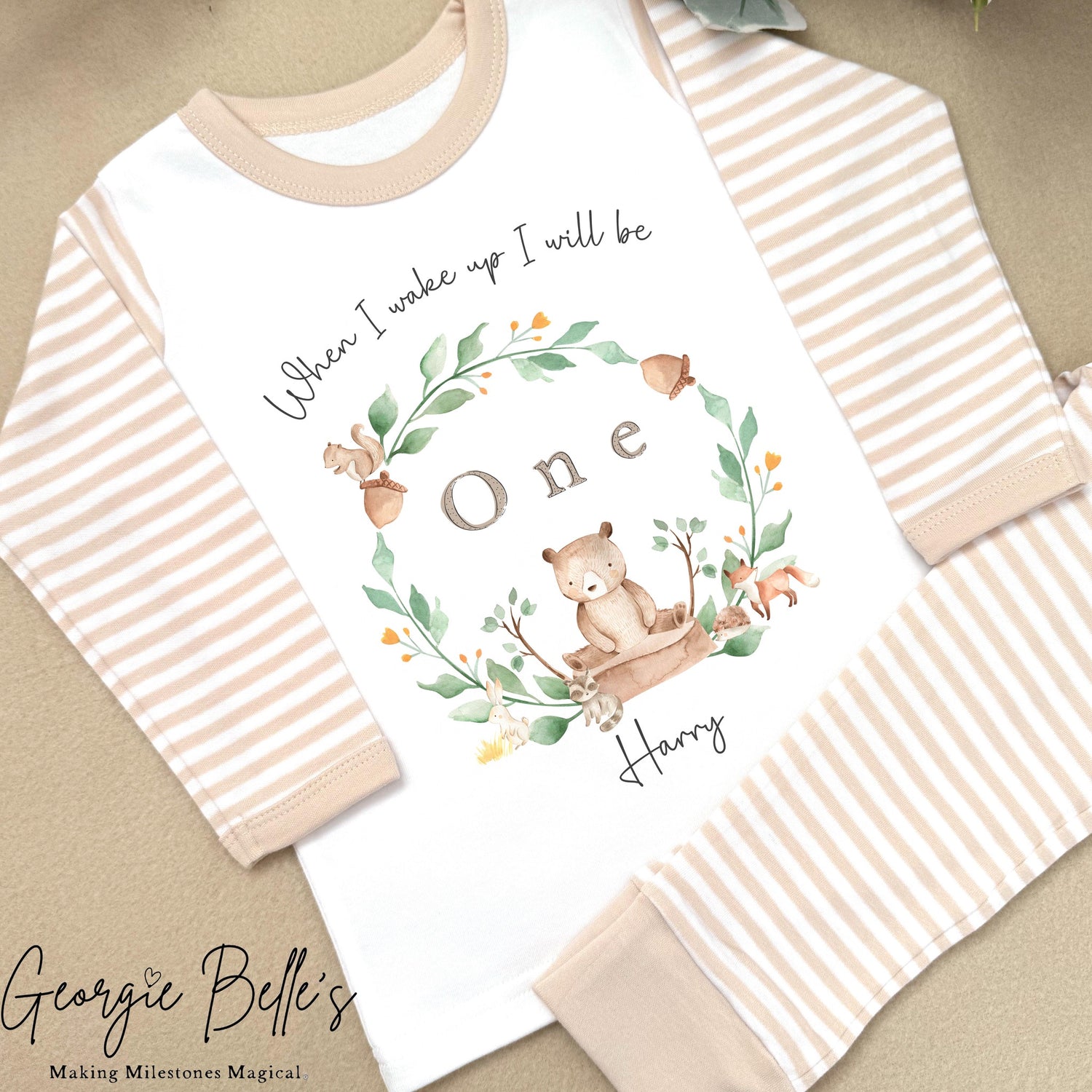 Personalised Beige Stripe Birthday Pyjamas - Beige Woodland Wreath Design