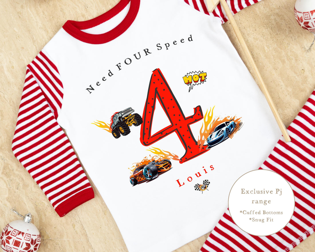 Red & White Striped Personalised Birthday Pyjamas - Red Car Design