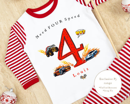 Red &amp; White Striped Personalised Birthday Pyjamas - Red Car Design