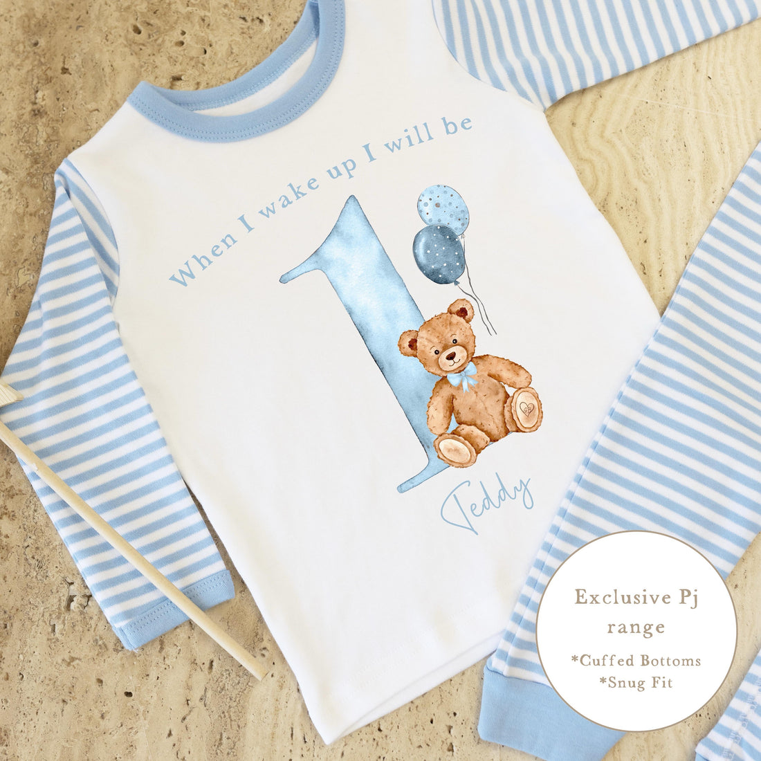 Blue &amp; White Striped Personalised Birthday Pyjamas - Blue Bear Design