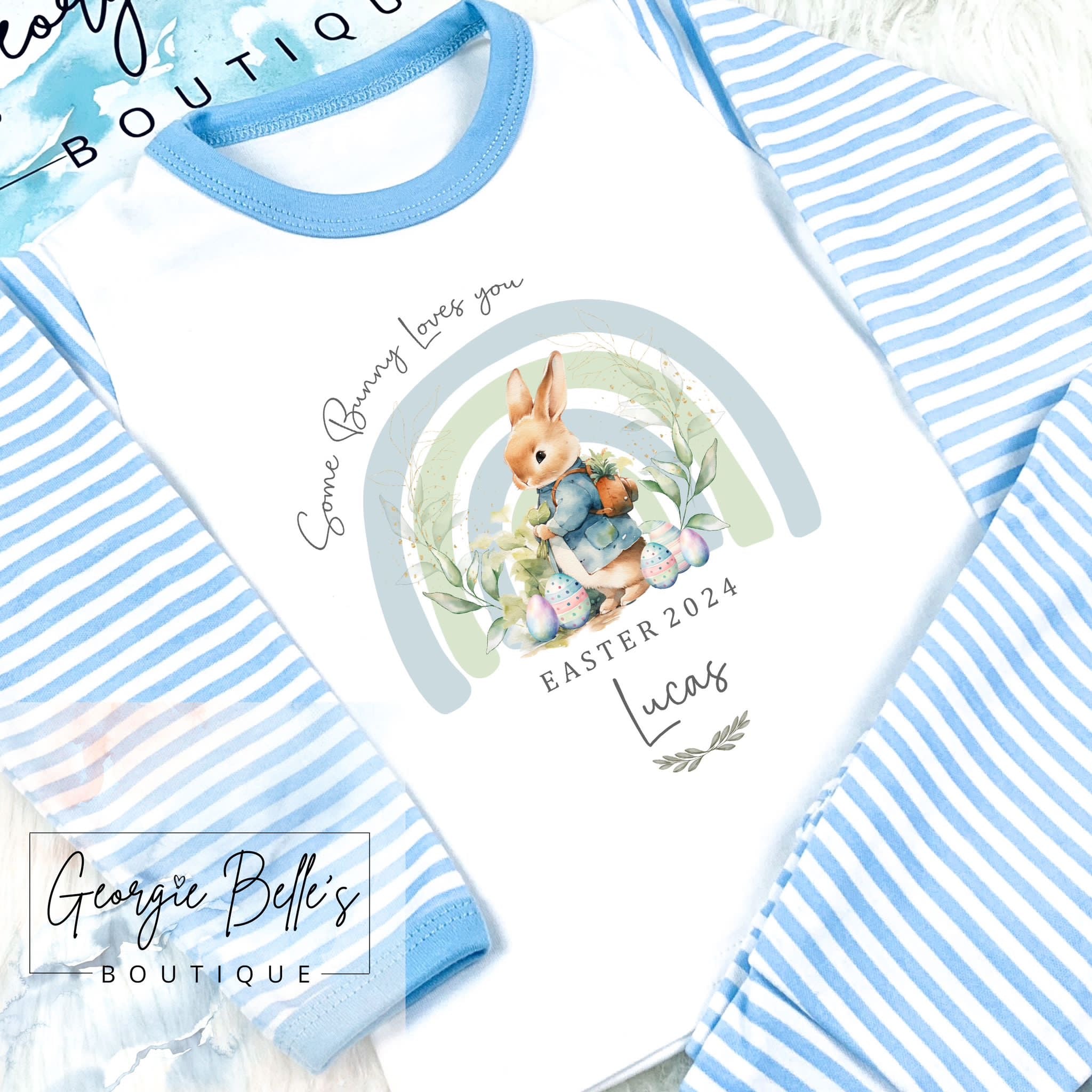 Personalised Easter Sibling Matching Pyjamas - Some Bunny Rainbow Design