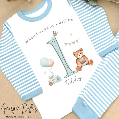 Personalised Blue Stripe Birthday Pyjamas - Blue Bear Party Design