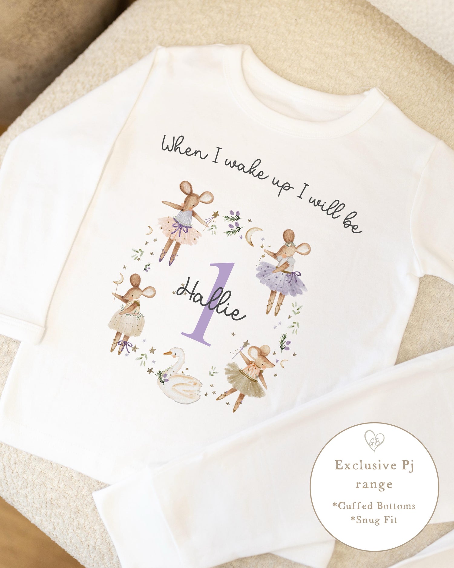 Plain White Personalised Birthday Pyjamas - Lilac Swan Wreath Design