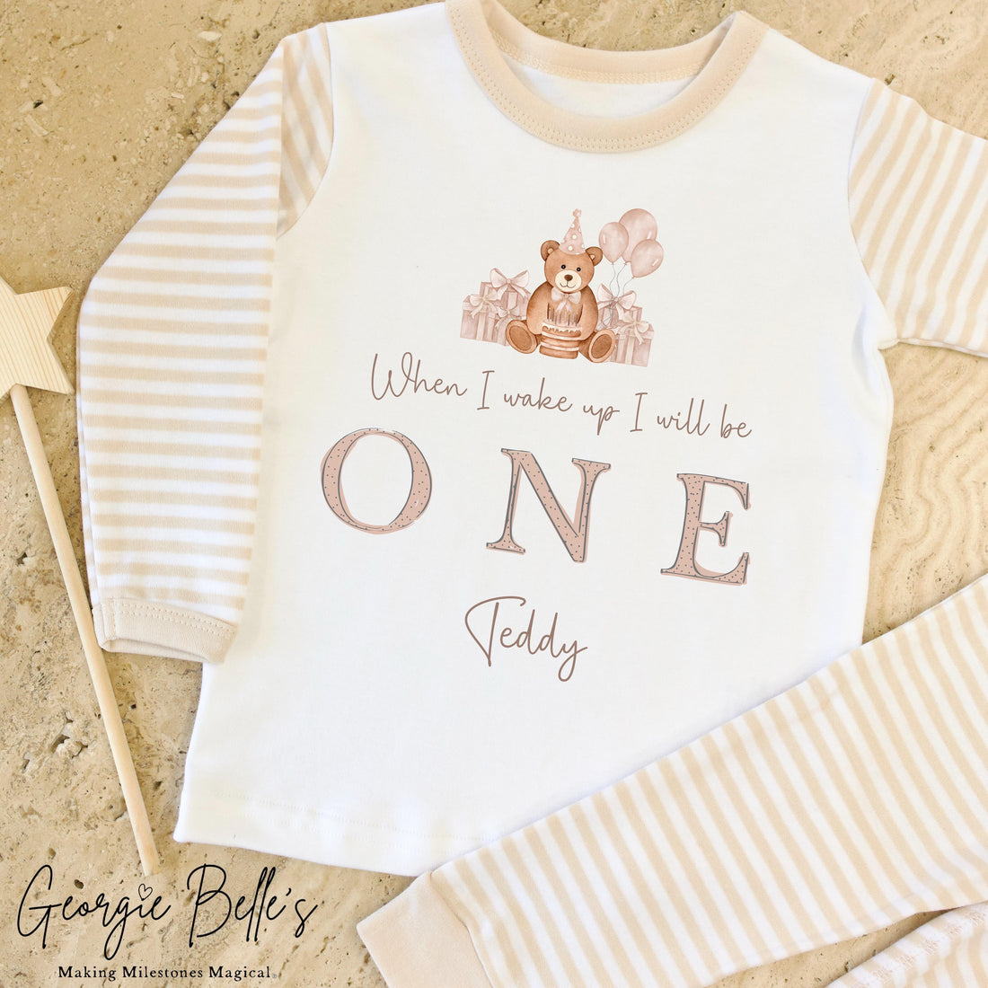 Personalised Beige Stripe Birthday Pyjamas - GB Bear Design