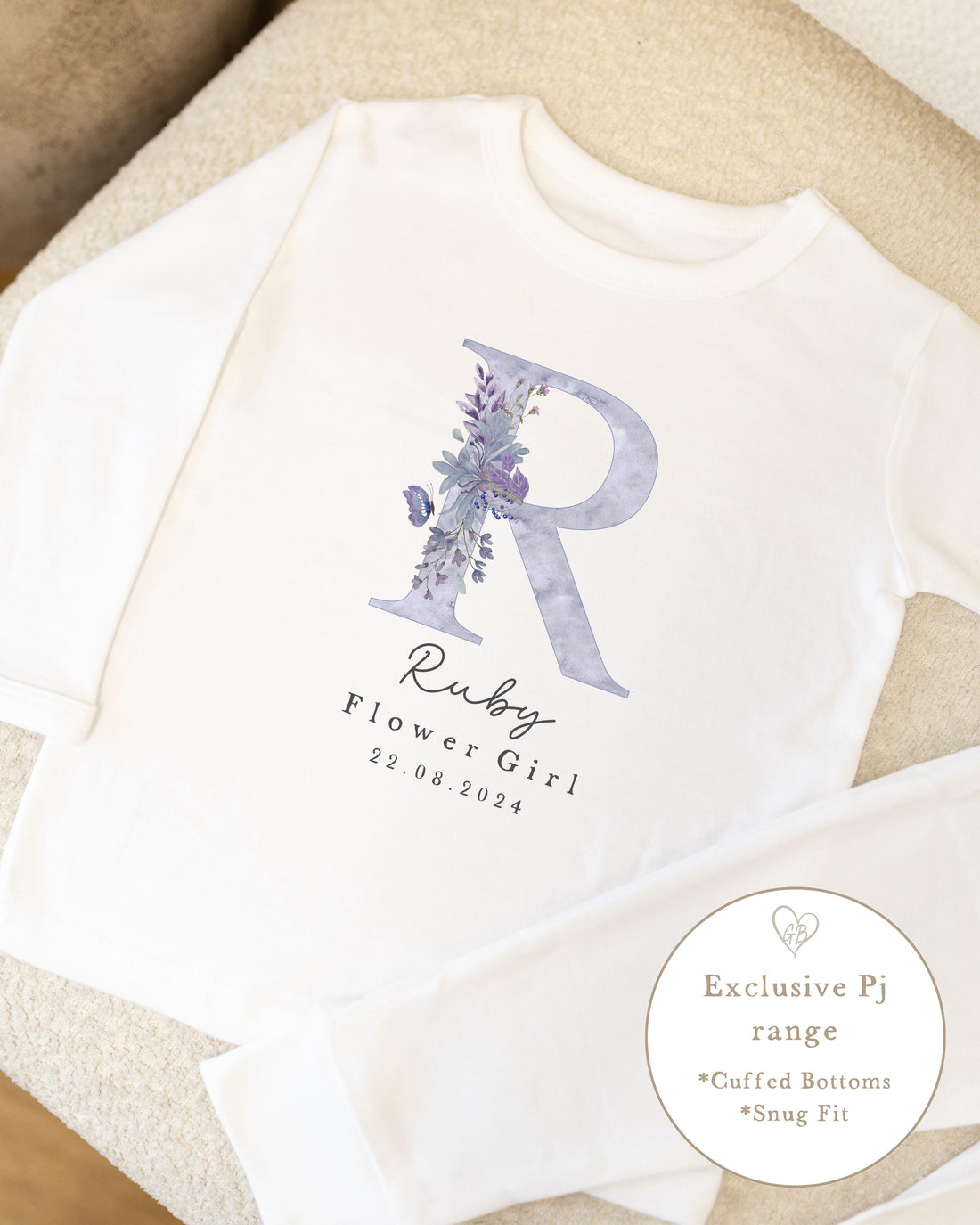 Personalised Flower Girl Pyjamas - Lilac Initial Design
