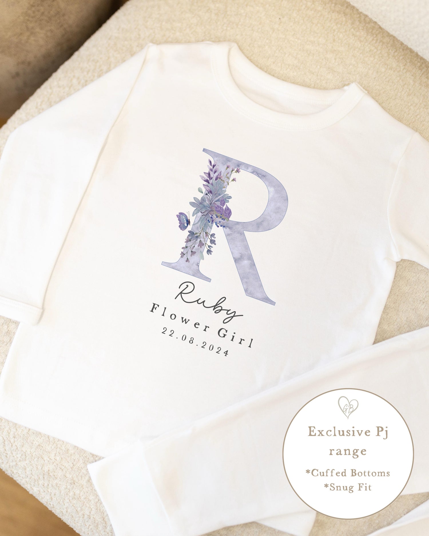 Personalised Flower Girl Pyjamas - Lilac Initial Design