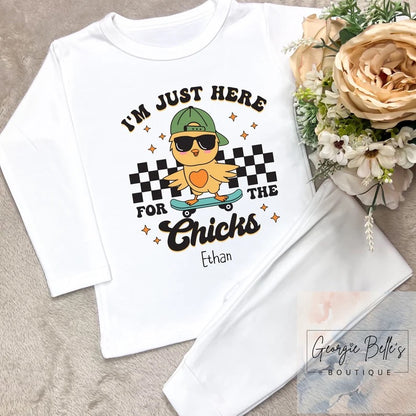 Personalised Easter Pyjamas - Just Here For The Chicks Design