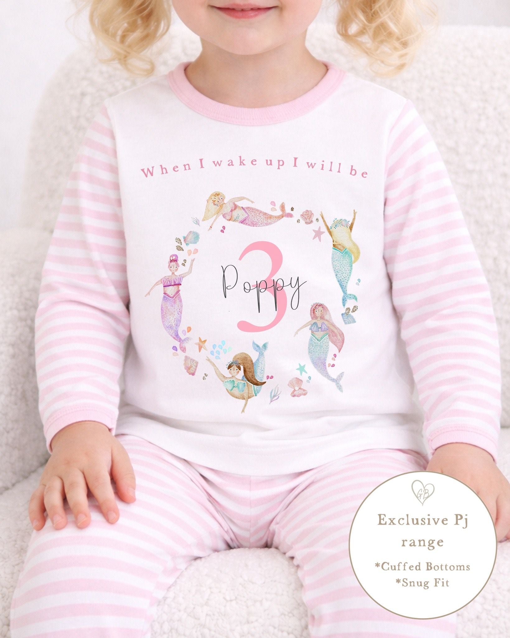 Personalised Pink Stripe Birthday Pyjamas - Mermaid Wreath Design