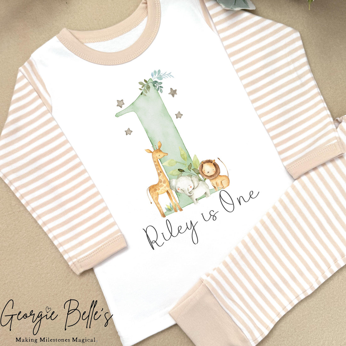 Personalised Beige Stripe Birthday Pyjamas - Green Safari Number Design