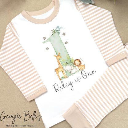 Personalised Beige Stripe Birthday Pyjamas - Green Safari Number Design