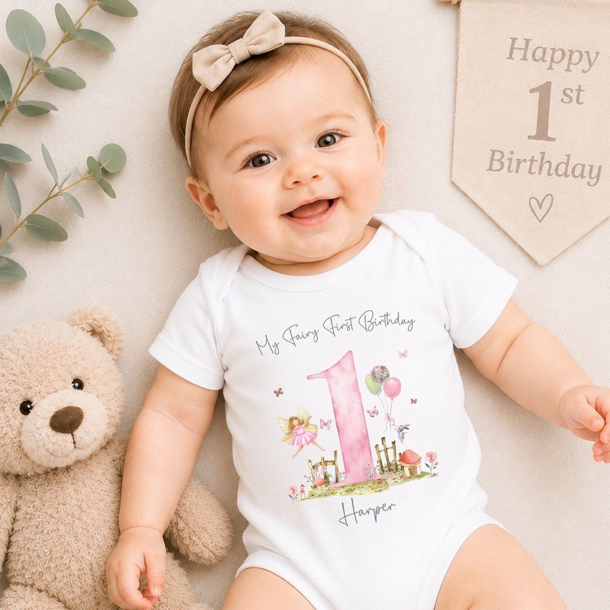 Personalised First Birthday Baby Vest | 1st Birthday Outfit - Pink Fairy 1st Birthday Design