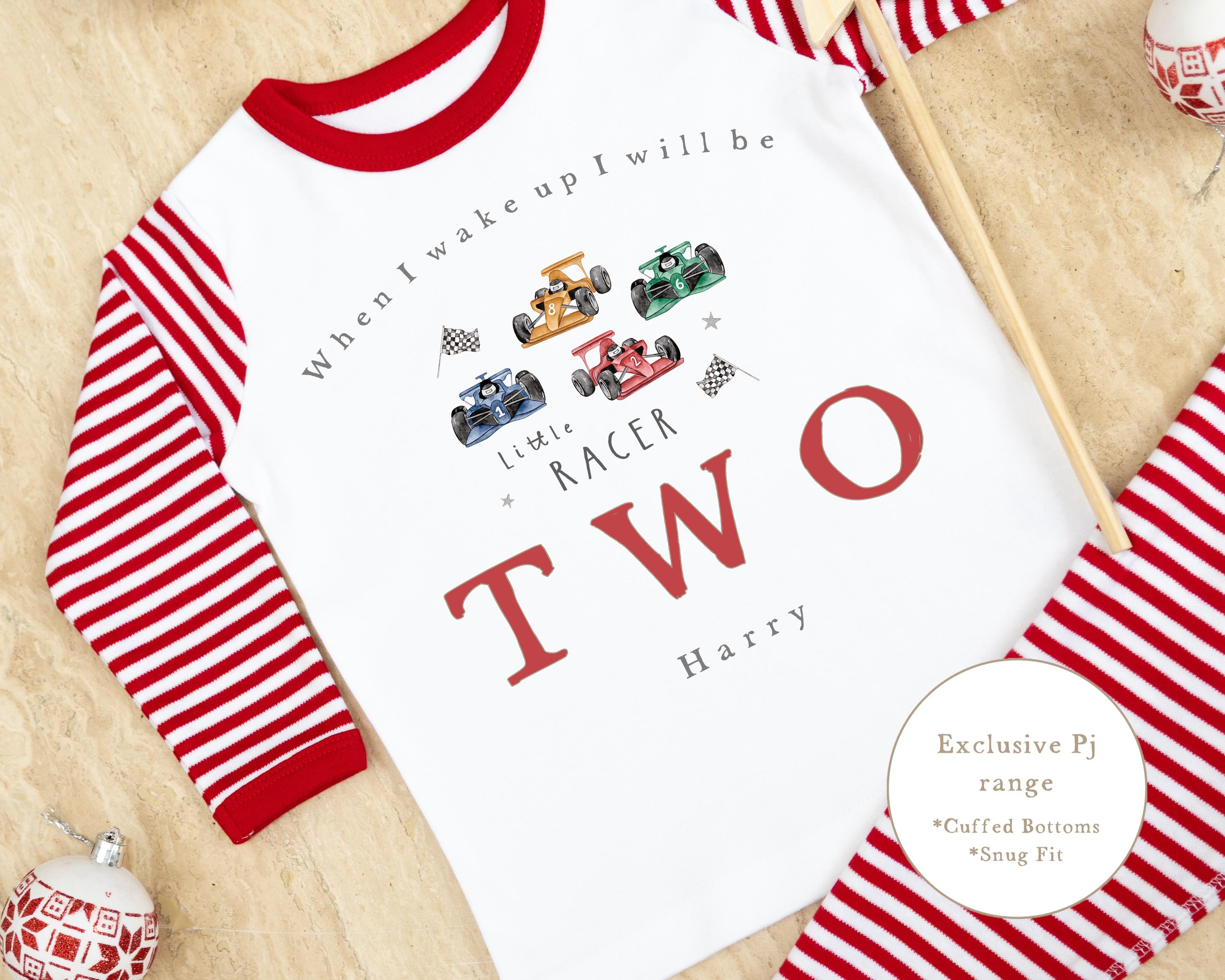 Red &amp; White Striped Personalised Birthday Pyjamas - Little Racer Design