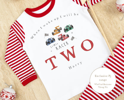 Red &amp; White Striped Personalised Birthday Pyjamas - Little Racer Design