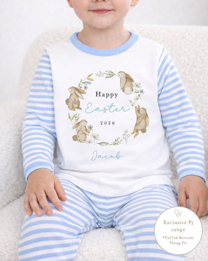 Personalised Blue Stripe Easter Pyjamas - Bunny Wreath Design
