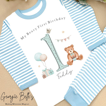 Personalised Blue Stripe Birthday Pyjamas - Blue My Beary First Birthday Design