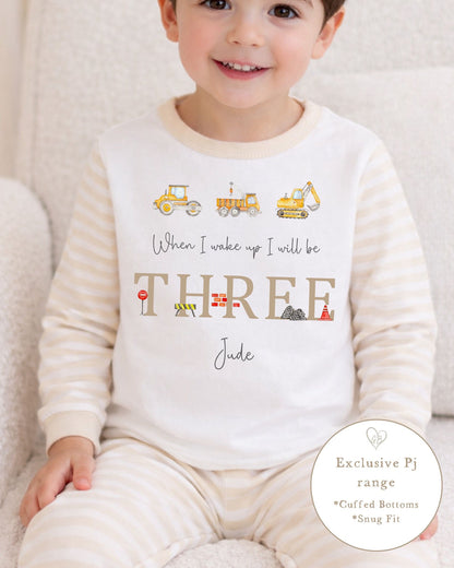 Personalised Beige Stripe Birthday Pyjamas - Digger Trio Design