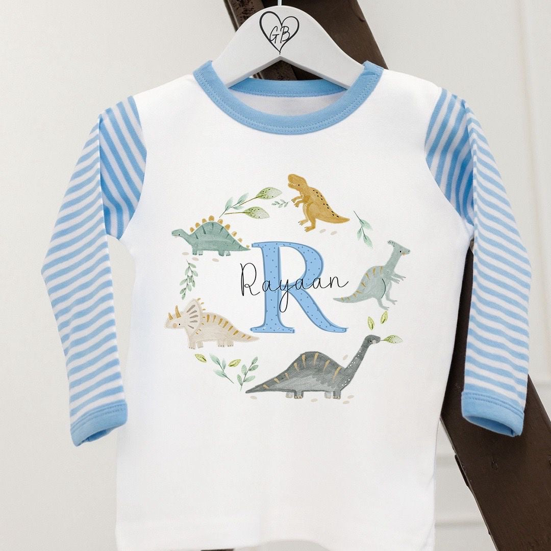 Personalised Boys Gifting Pyjamas Blue Stripe - Dinosaur Wreath Initial Design