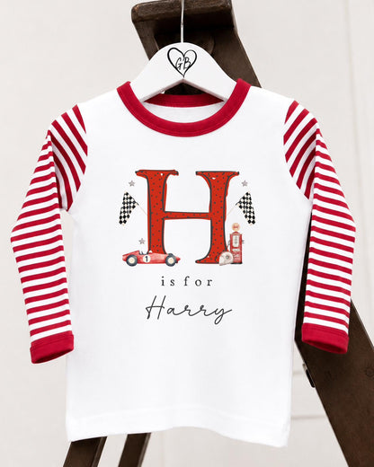 Personalised Gifting Pyjamas Red Stripe - Car Initial Design