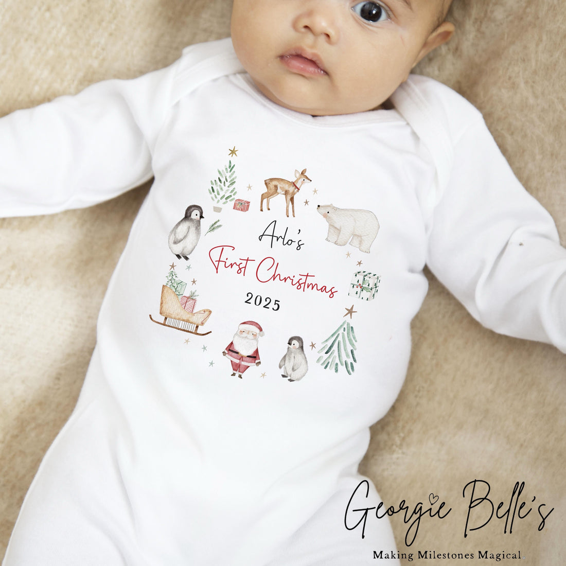 Personalised Christmas Sleepsuit / Bodysuit - First Christmas Polar Bear Wreath Design