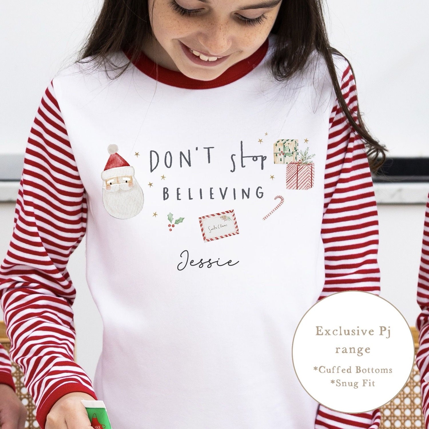 Personalised Red Stripe Christmas Pyjamas - Don’t stop believing Design