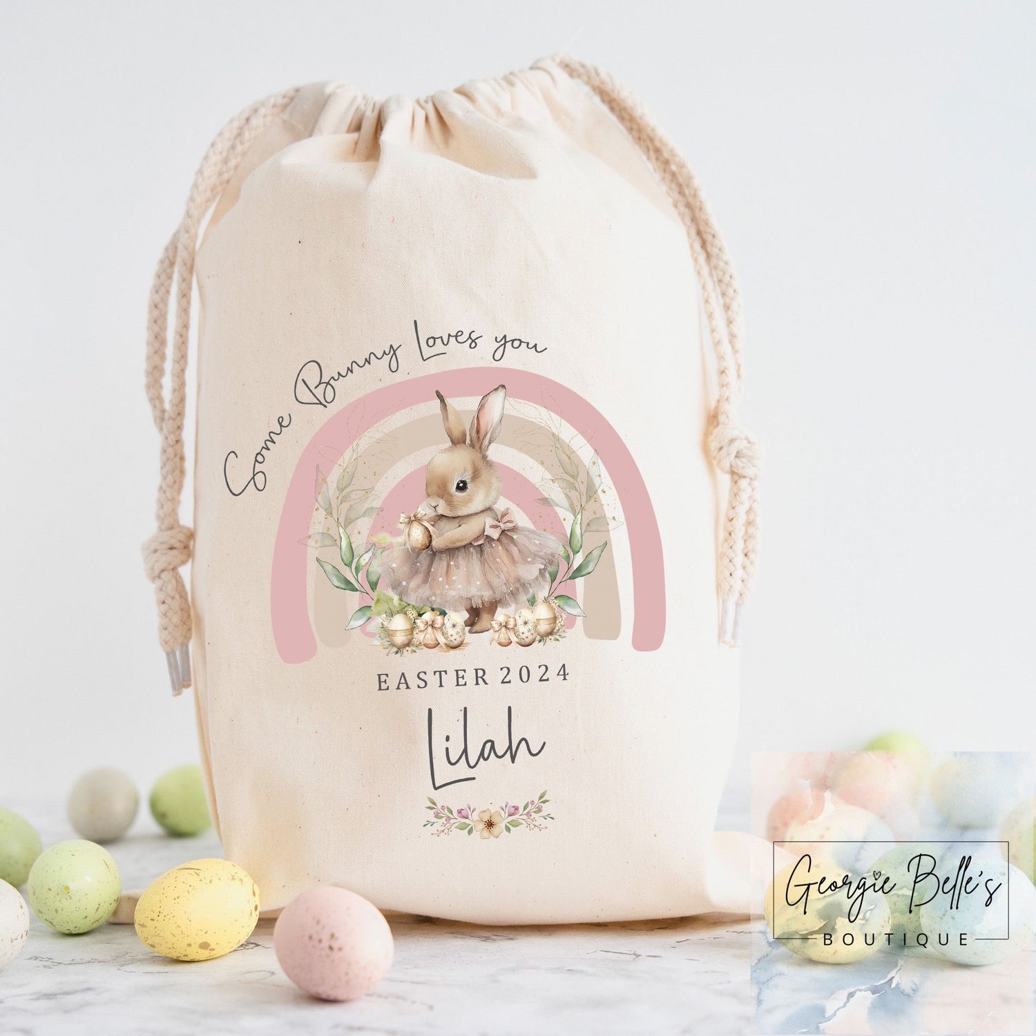 Personalised Easter Treat Sack - Pink Some Bunny Design