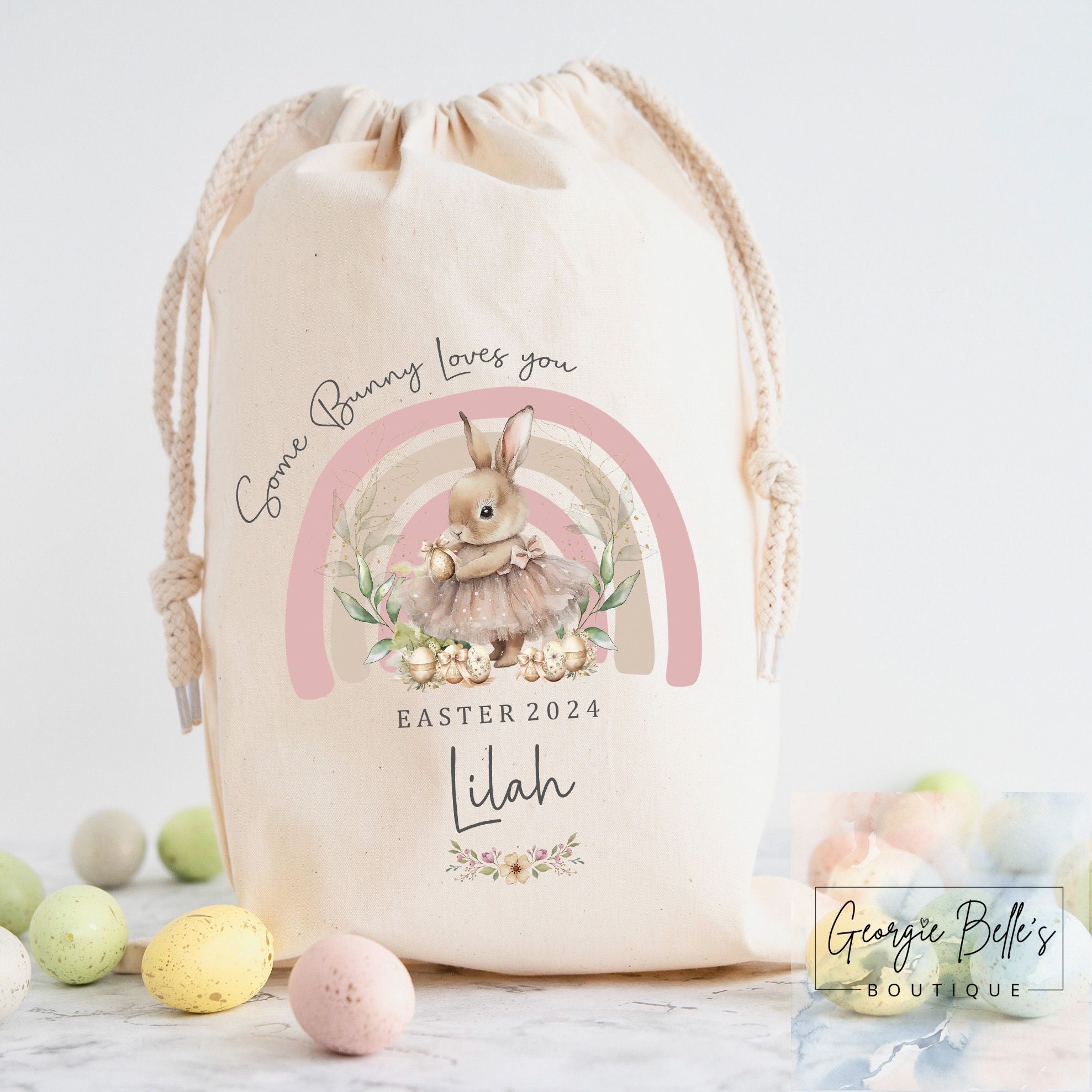 Personalised Easter Treat Sack - Pink Some Bunny Design