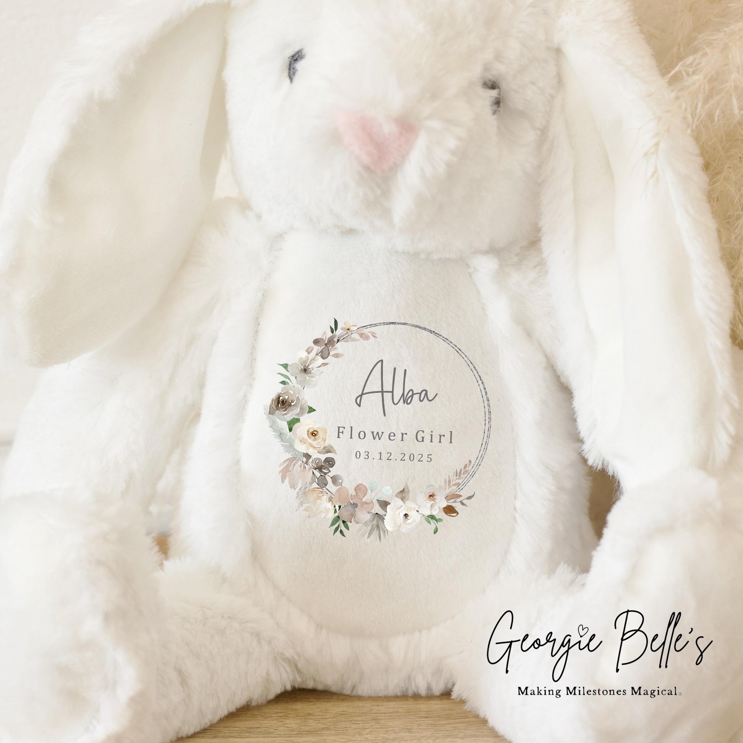 Personalised Flower Girl Bunny - Champagne Wreath Design