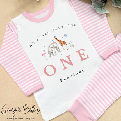 Personalised Pink Stripe Birthday Pyjamas - Animal Design