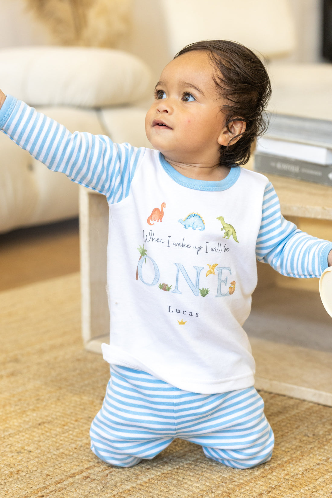 Personalised Blue Stripe Birthday Pyjamas - Blue Dino Design