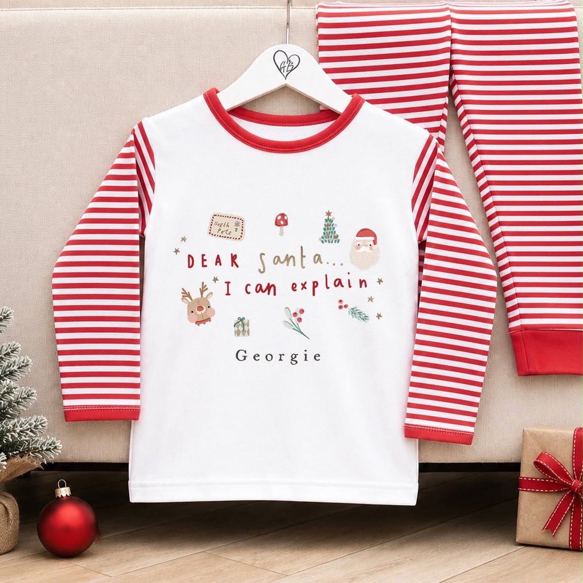 Personalised Christmas Pyjamas for Kids | 100% Cotton Red Stripe | Dear Santa Design