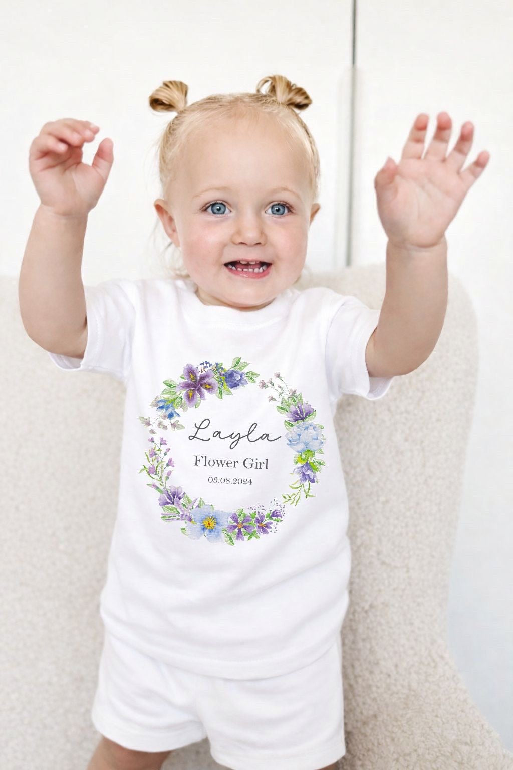 Personalised Flower Girl Short Set Pyjamas - Lilac Wreath Design