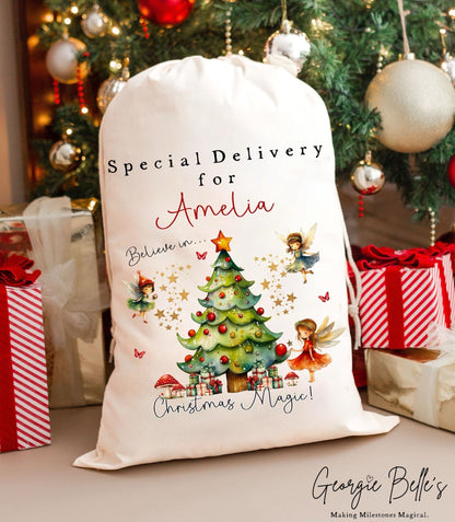 Personalised Luxury Premium Cotton Christmas Sack - Red Fairy Design