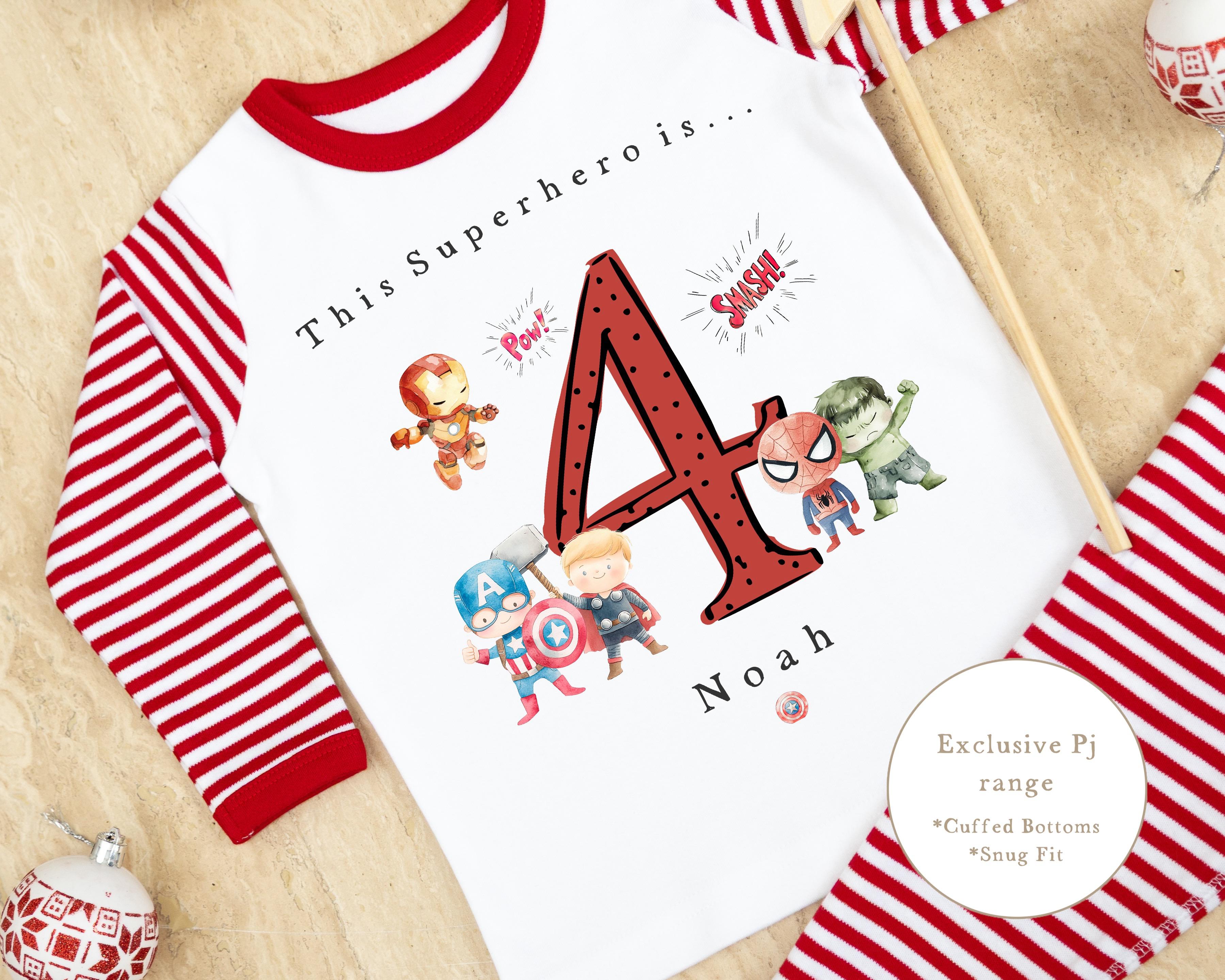 Red &amp; White Striped Personalised Birthday Pyjamas - Superhero Design