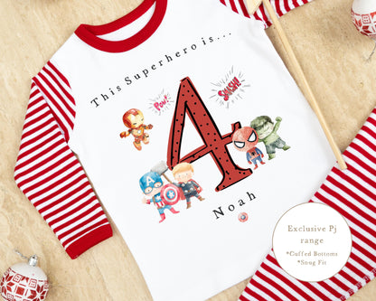 Red &amp; White Striped Personalised Birthday Pyjamas - Superhero Design