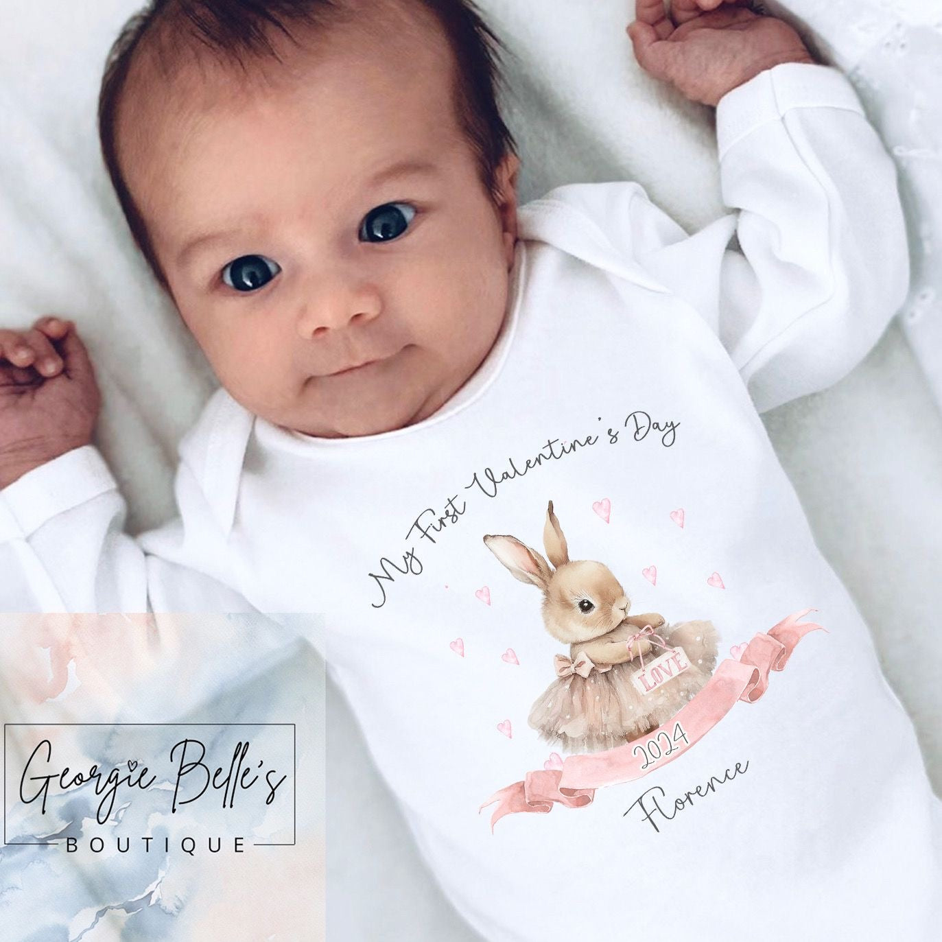 My 1st Valentines Day Vest / Babygrow - Pink Bunny