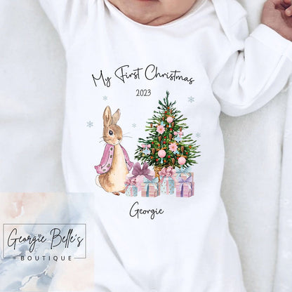 My 1st Christmas Vest / Babygrow - Pink Peter Rabbit Inspired Design