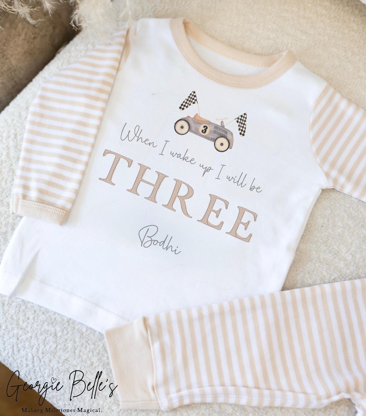 Personalised Beige Stripe Birthday Pyjamas - Car Design