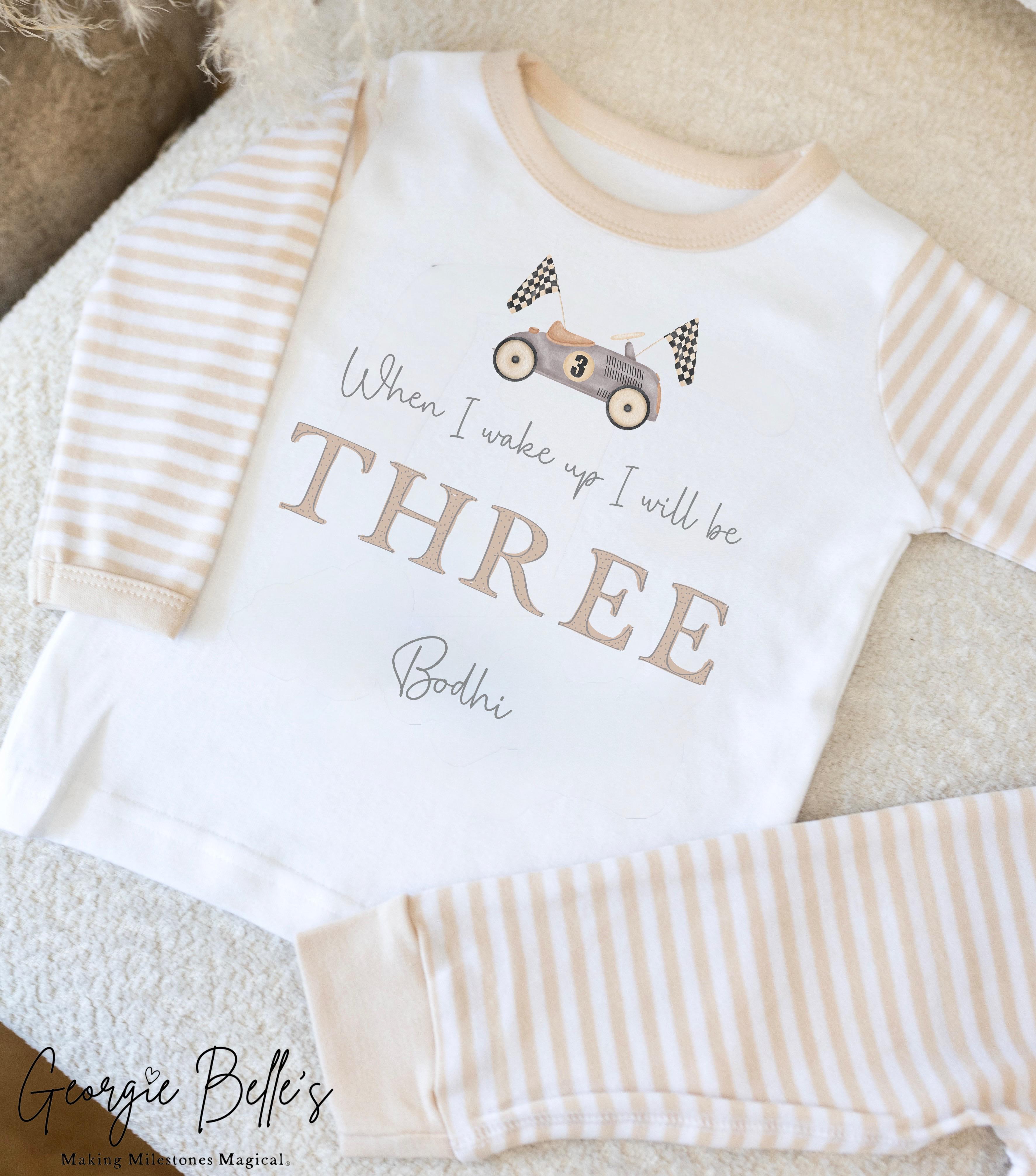 Personalised Beige Stripe Birthday Pyjamas - Car Design