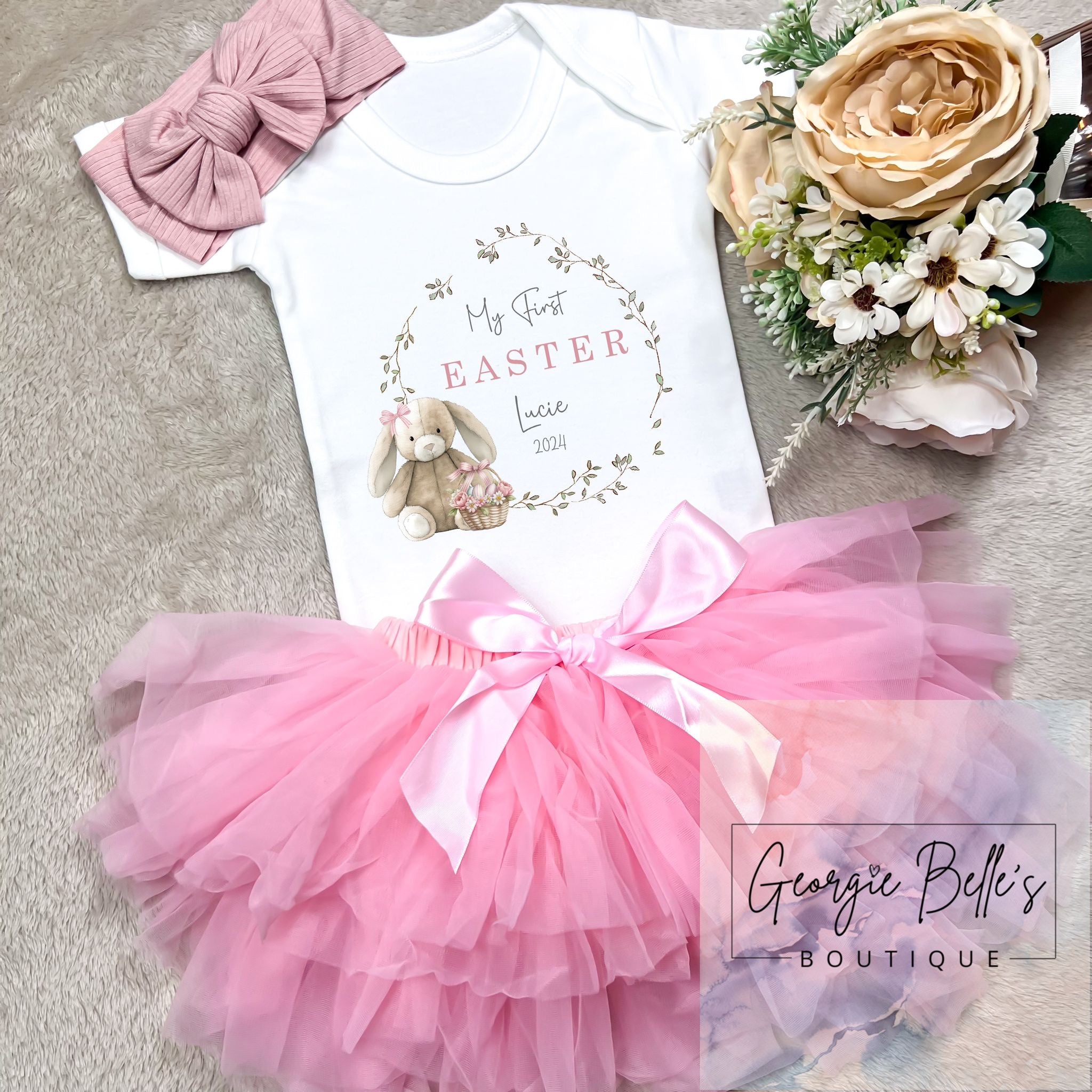 Personalised Easter Vest & Tutu - Pink Bunny Wreath Design